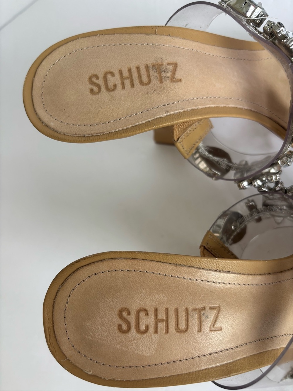 Schutz Laureen Crystal Nude Sandals Block Heel Made in Brazil Size 8.5B - Picture 5 of 13